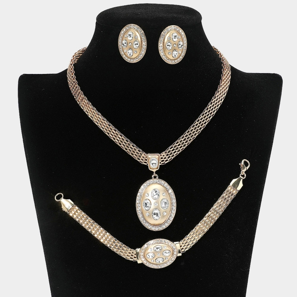 Gold 3 Piece Oval Pendant Marquise Rhinestone Trim Necklace Formal Jewelry Set